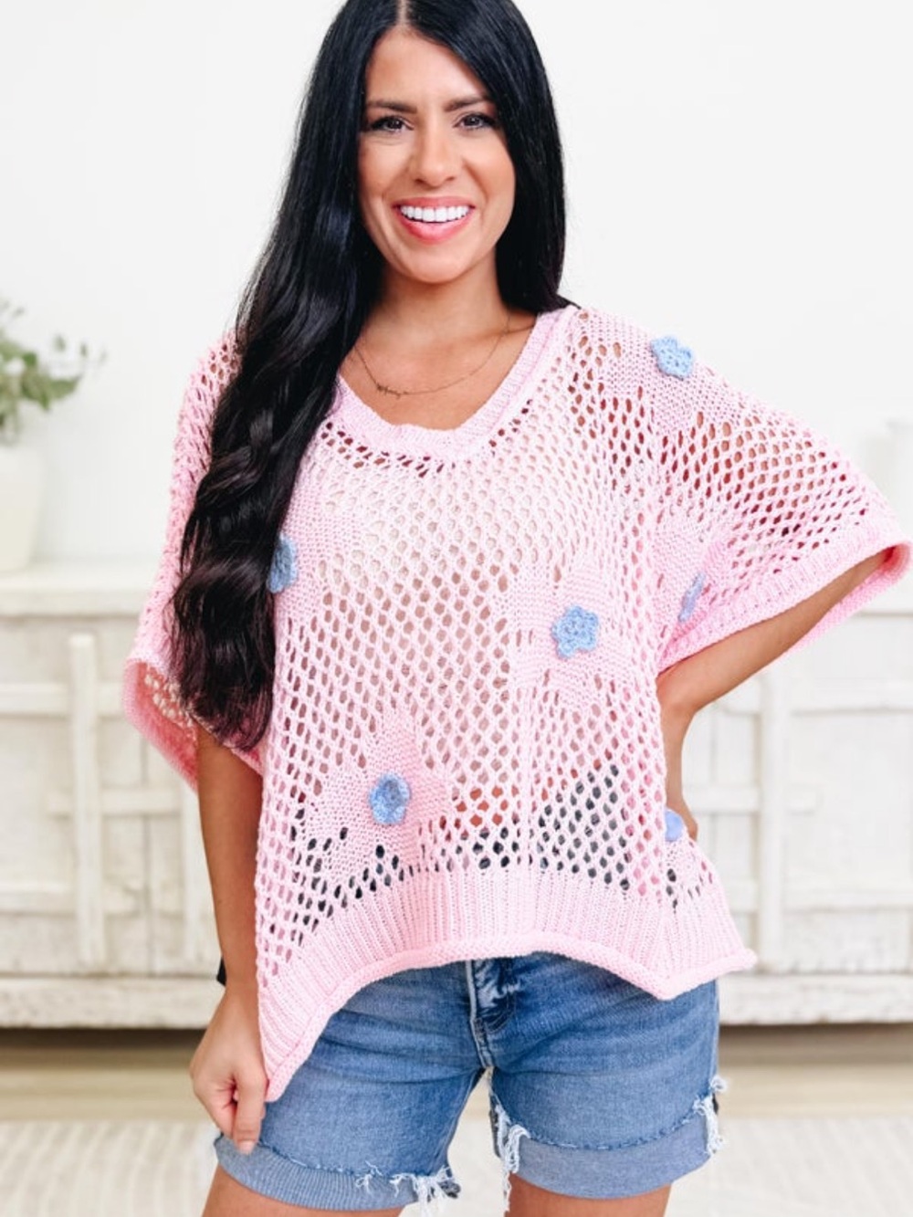 Pol Pink Crochet Floral Short-Sleeve Sweater Top